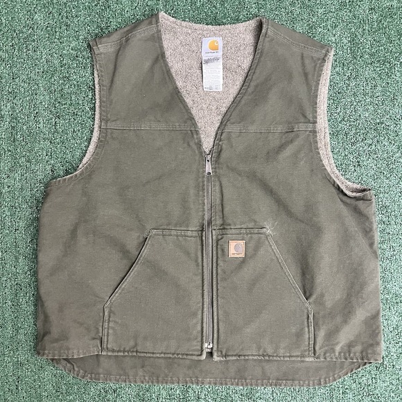 Carhartt Jackets & Blazers - Carhartt V26 LOV Green Light Olive Canvas Sherpa Lined Vest Men's 2XL Jacket VTG